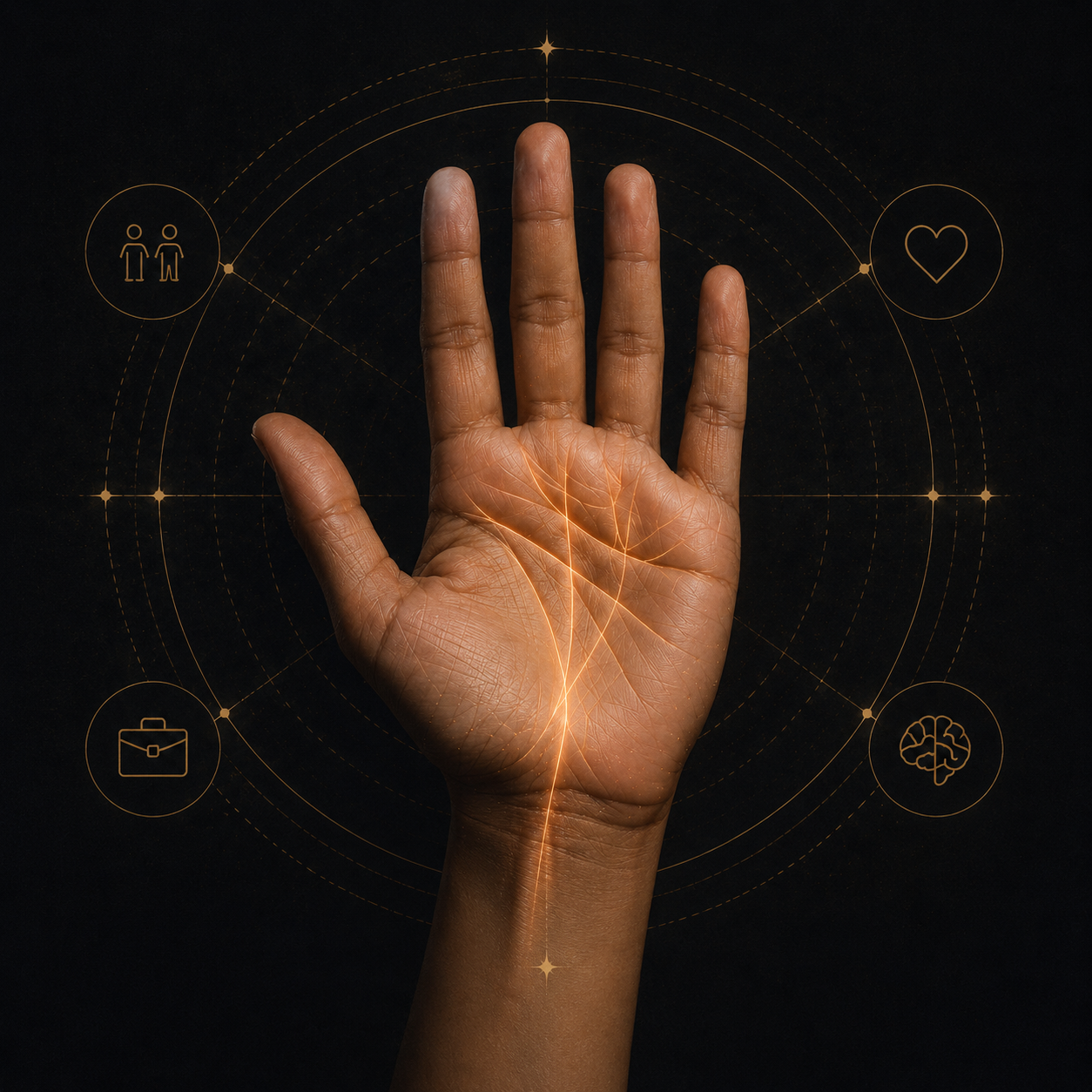 A palm with glowing lines, surrounded by a faint celestial compass