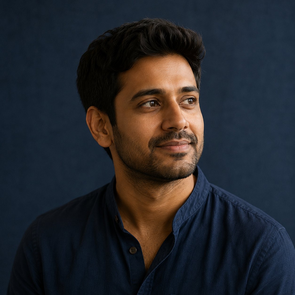 Arjun, photographed against a deep navy background