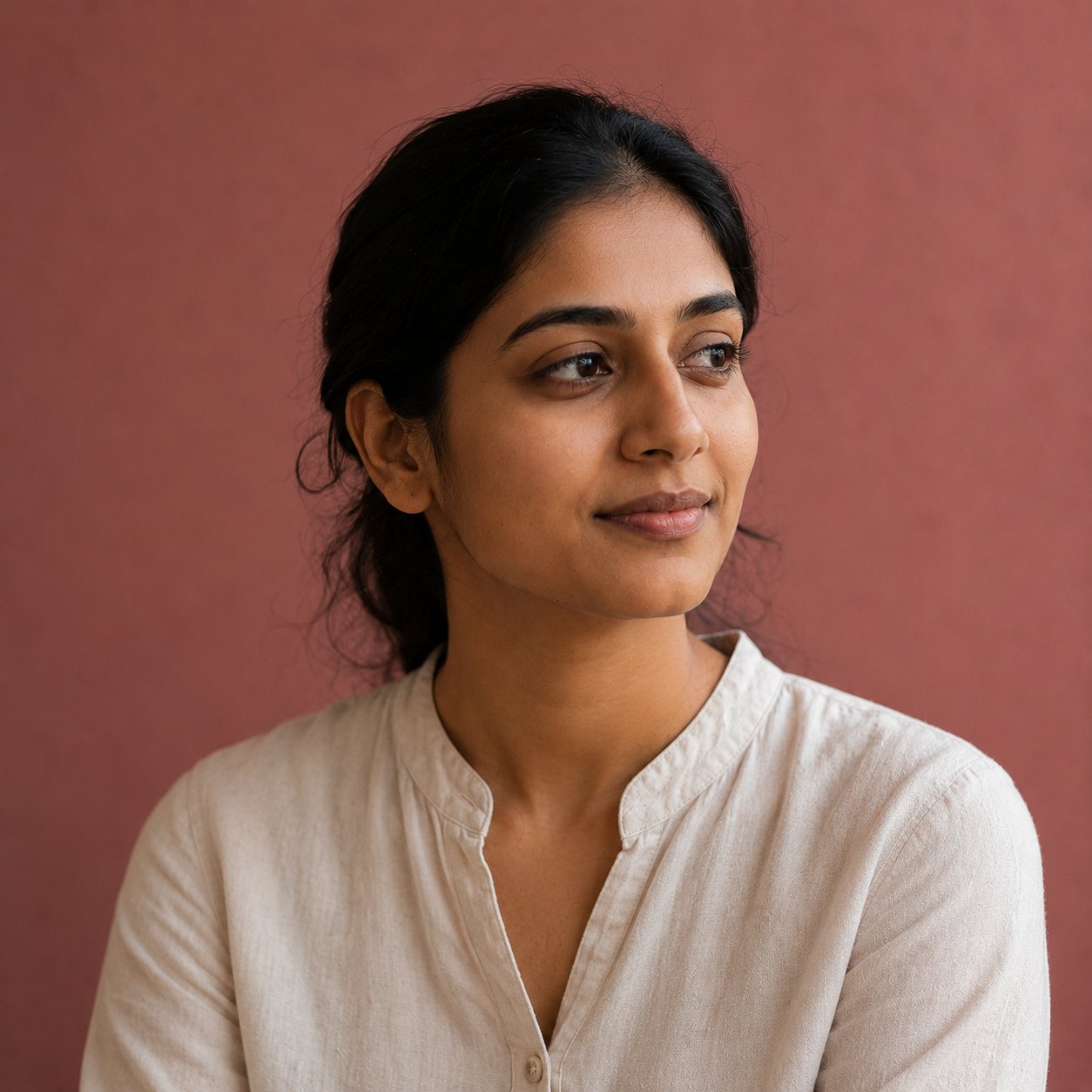 Meera, photographed against a deep red background
